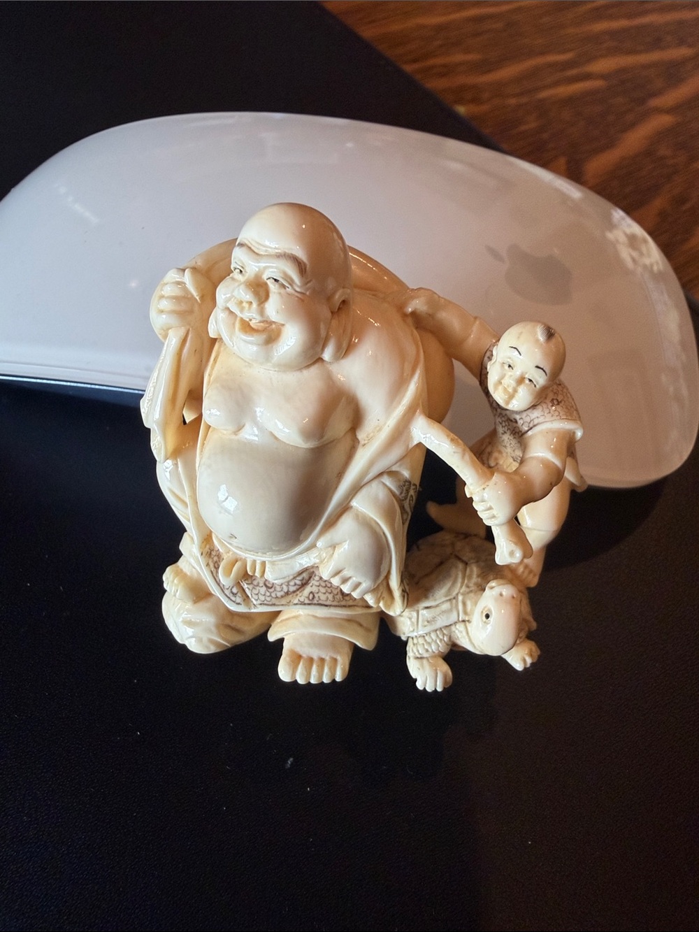 Cream-Colored Laughing Buddha Figurine with Child - Decorative Home Sculpture